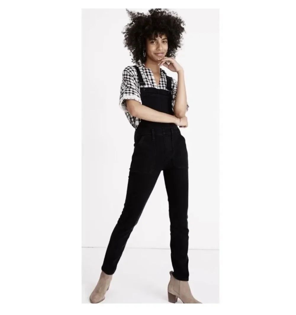 Madewell Denim Skinny Jeans Overalls Black Jumpsuit Pockets Zips Raw-Hem Size XS